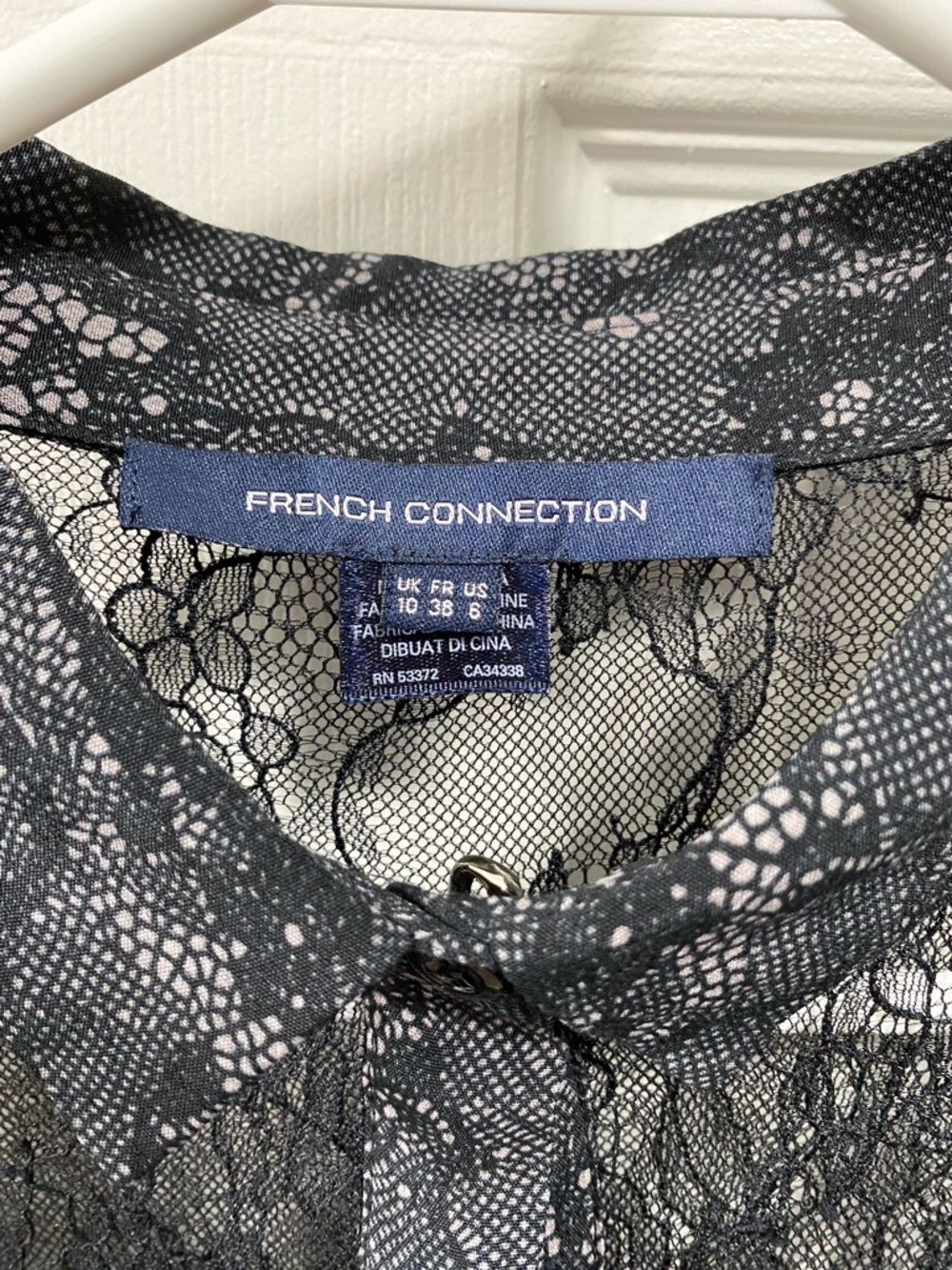 French Connection Black and Dusty Mauve Lace Cold Shoulder Button-Down Blouse - Picture 3 of 4